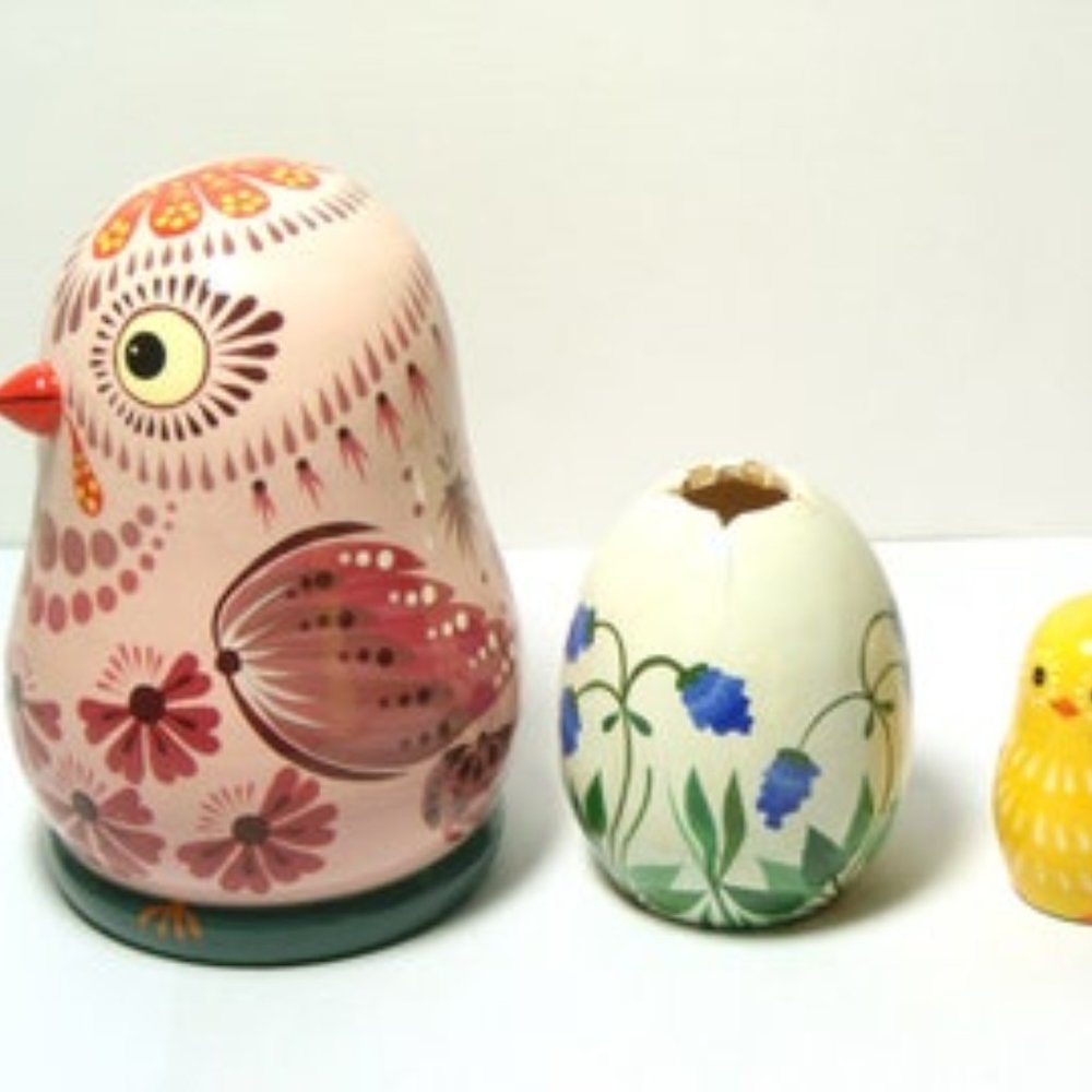 Easter Pink Chicken with egg, Nesting Doll 3pcs, Matryoshka 9 cm/3,5'',